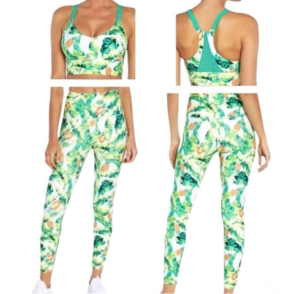 NEW Wildfox Palms & Pineapples Activewear Set Sports Bra Leggings Green Yellow - Picture 1 of 16